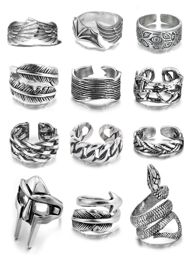 FEYIR 12 Pcs Vintage Rings for Men Adjustable Punk Gothic Viking Feather Angel Wings Snake Mask Rings Set, Adjustable, Metal, No Gemstone - Image 1