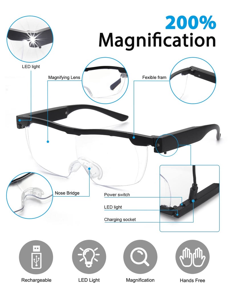 OKH 200% Magnifying Glasses with Light, Rechargeable LED Lighted Magnification Eyeglasses, Bright Sight Hands Free Magnifier Glasses for Close Work, Craft, Jewellers, Reading, Hobby - Image 3