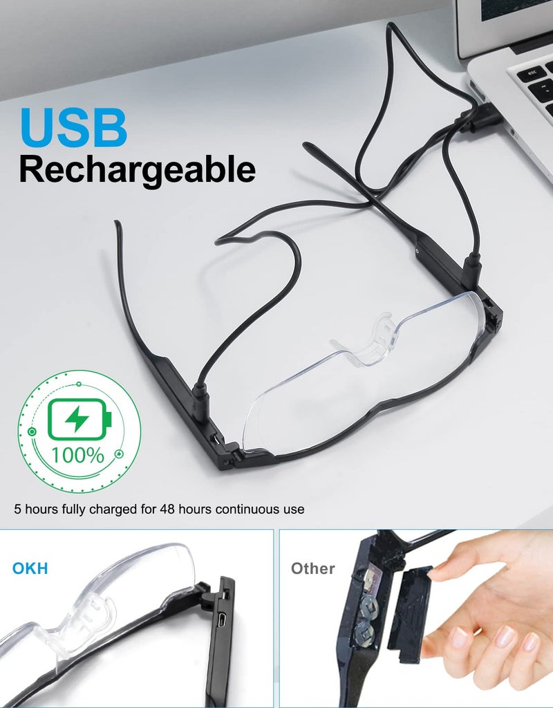 OKH 200% Magnifying Glasses with Light, Rechargeable LED Lighted Magnification Eyeglasses, Bright Sight Hands Free Magnifier Glasses for Close Work, Craft, Jewellers, Reading, Hobby - Image 2