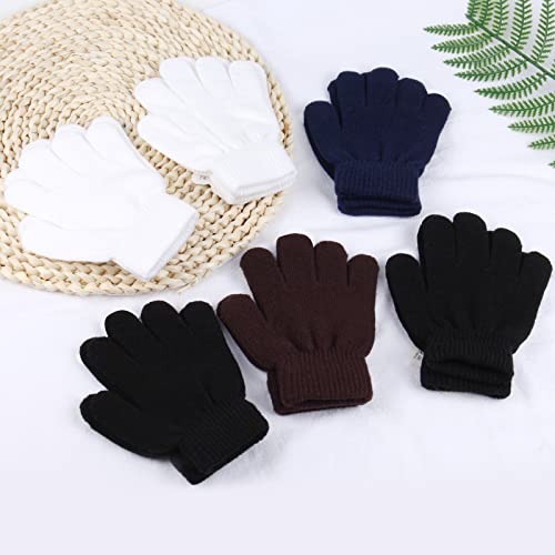 ONESING 6 Pairs Kids Knit Gloves - Stretchy Boys & Girls Winter Gloves (Blue, Brown, White, Black - 6 Pairs) - Image 4