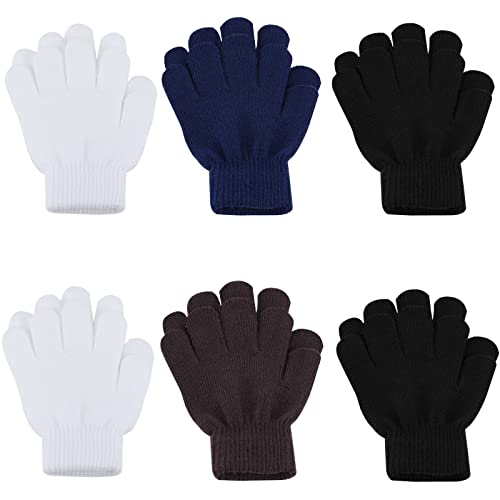 ONESING 6 Pairs Kids Knit Gloves - Stretchy Boys & Girls Winter Gloves (Blue, Brown, White, Black - 6 Pairs) - Image 1