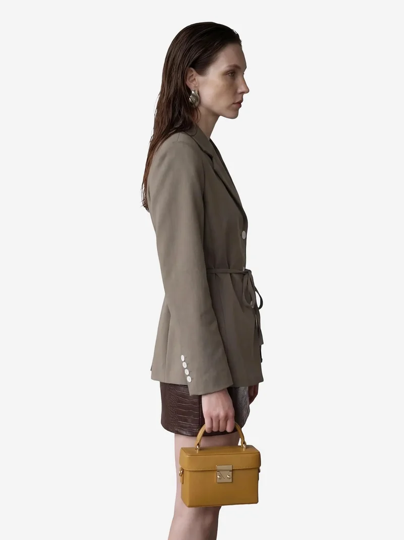 My Fashion Khaki Green MY FASHION Tie Detail Crepe Blazer Jacket for Women | Best Price UAE