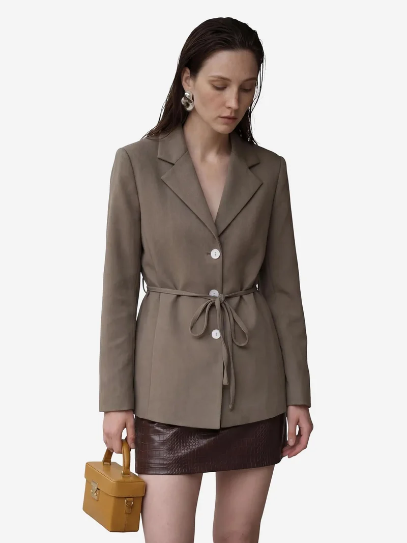 My Fashion Khaki Green MY FASHION Tie Detail Crepe Blazer Jacket for Women | Best Price UAE