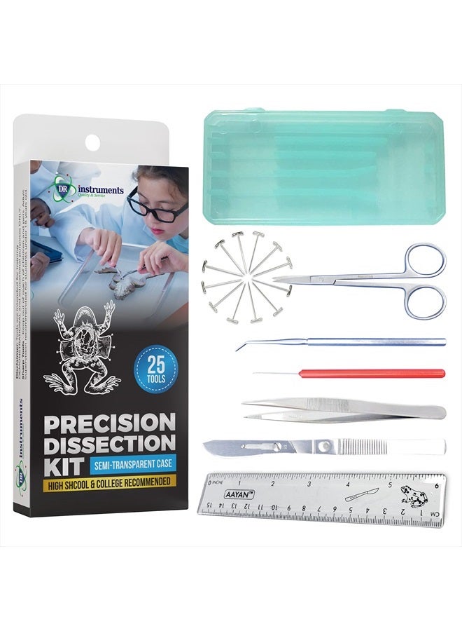 DR Instruments 61936PCT Precision Dissection Kit - 25-Piece Biology Kit - 8 Stainless Steel Instruments - Extra Blades & T-Pins - Biology Students & Faculty - Autoclavable Case in Assorted Colors - Image 1