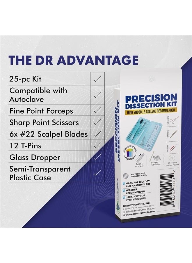 DR Instruments 61936PCT Precision Dissection Kit - 25-Piece Biology Kit - 8 Stainless Steel Instruments - Extra Blades & T-Pins - Biology Students & Faculty - Autoclavable Case in Assorted Colors - Image 2