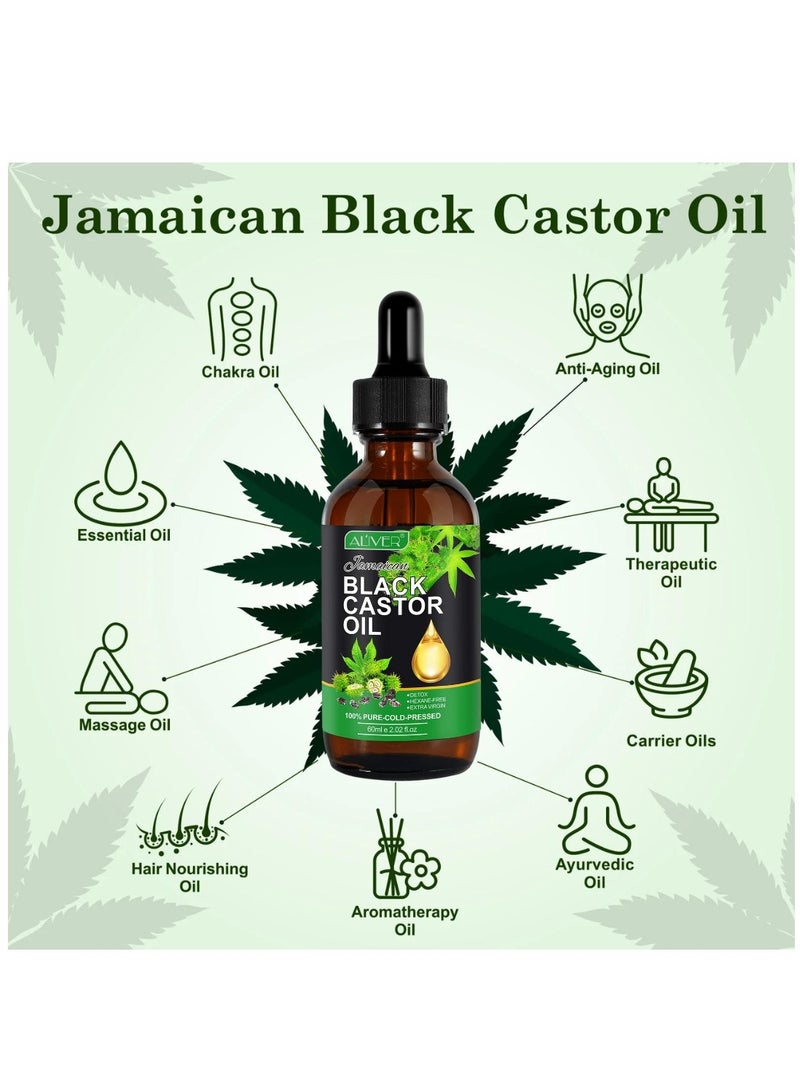 ALIVER قطعتان من زيت الخروع العضوي وزيت التدليك الطبيعي النقي وزيت الخروع الأسود الجامايكي المعصور على البارد لإزالة السموم وزيت لف البشرة وزيت ترطيب الشعر وزيت الرموش وتغذية فروة الرأس والبشرة الجافة وزيت ناقل - Image 4