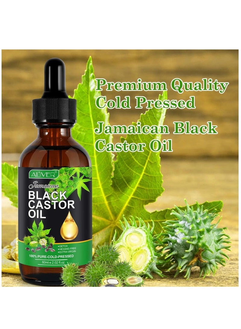 ALIVER قطعتان من زيت الخروع العضوي وزيت التدليك الطبيعي النقي وزيت الخروع الأسود الجامايكي المعصور على البارد لإزالة السموم وزيت لف البشرة وزيت ترطيب الشعر وزيت الرموش وتغذية فروة الرأس والبشرة الجافة وزيت ناقل - Image 2