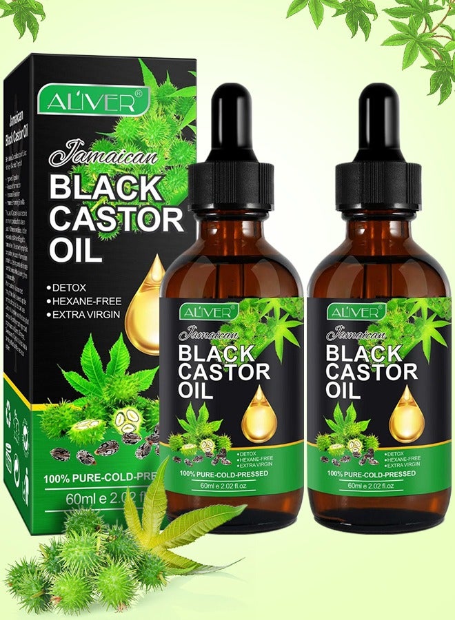 ALIVER قطعتان من زيت الخروع العضوي وزيت التدليك الطبيعي النقي وزيت الخروع الأسود الجامايكي المعصور على البارد لإزالة السموم وزيت لف البشرة وزيت ترطيب الشعر وزيت الرموش وتغذية فروة الرأس والبشرة الجافة وزيت ناقل - Image 1