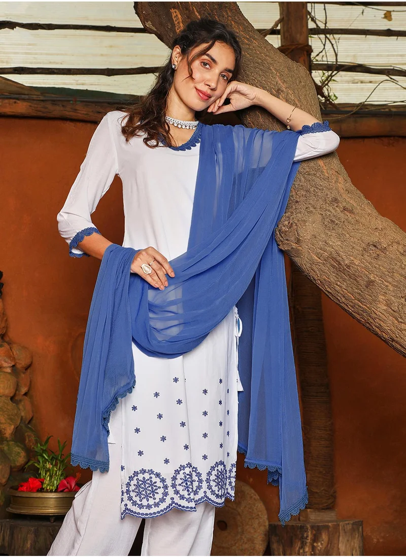  قصة Women's Azure Blue & Daisy White Irani Kurta Set
