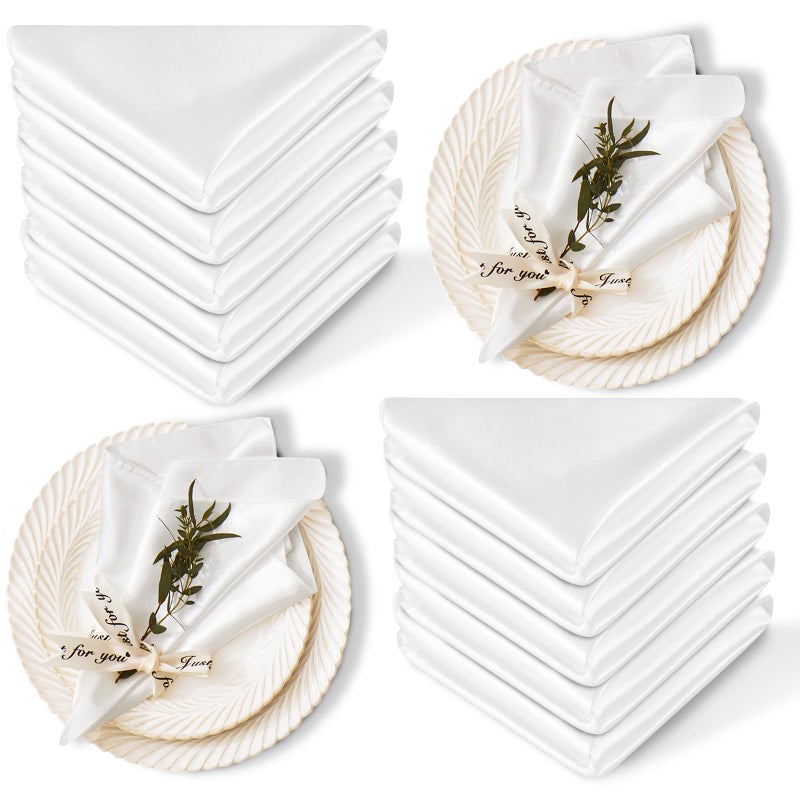 Cobedzy 12 Pack Satin Table Cloth Napkins, 17x17 Inch White Silky Wedding Napkins Cloth Washable, Luxury Dining Table Cloth Napkins Set for Birthday Holiday Party Dinner Restaurant - Image 1