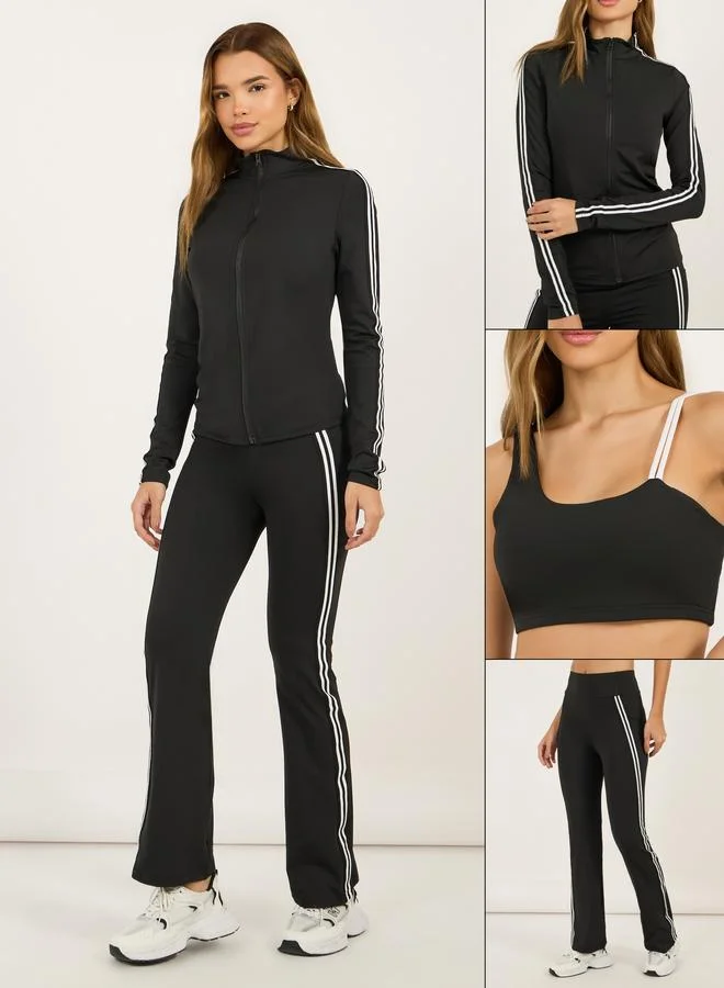 Styli Active Pack of 3 -Dual Contrast Piping Sports Bra, Thumbhole Detail Jacket and Flared Pants