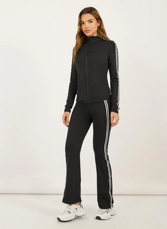 Styli Active Pack of 3 -Dual Contrast Piping Sports Bra, Thumbhole Detail Jacket and Flared Pants