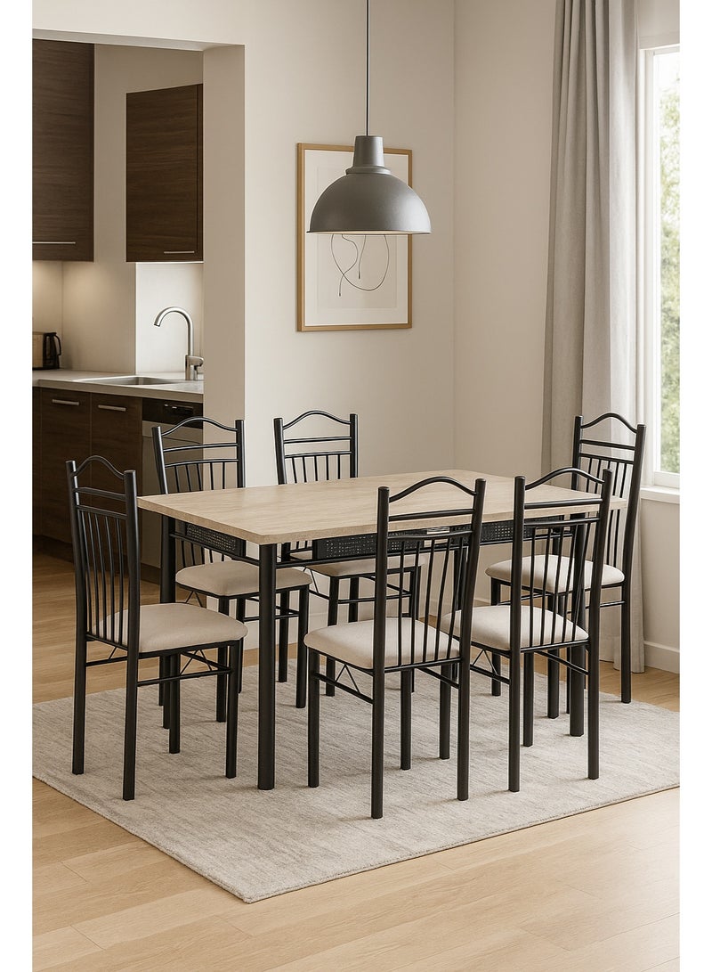 AFT 6-Seater Dining Table Set with 6 Chairs – Sonoma Oak Finish Top & Black Metal Frame, Compact Dining Room Furniture, Table Size 150×90×75 cm, Chair Size 38×37×90 cm - Image 1