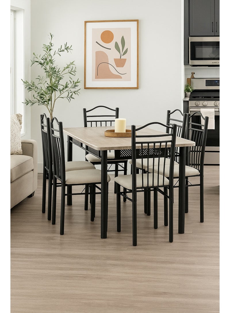 AFT 6-Seater Dining Table Set with 6 Chairs – Sonoma Oak Finish Top & Black Metal Frame, Compact Dining Room Furniture, Table Size 150×90×75 cm, Chair Size 38×37×90 cm - Image 2