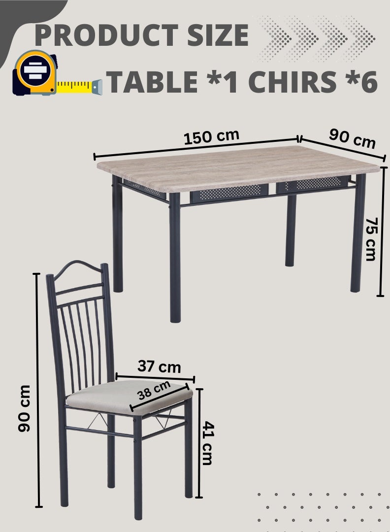 AFT 6-Seater Dining Table Set with 6 Chairs – Sonoma Oak Finish Top & Black Metal Frame, Compact Dining Room Furniture, Table Size 150×90×75 cm, Chair Size 38×37×90 cm - Image 3