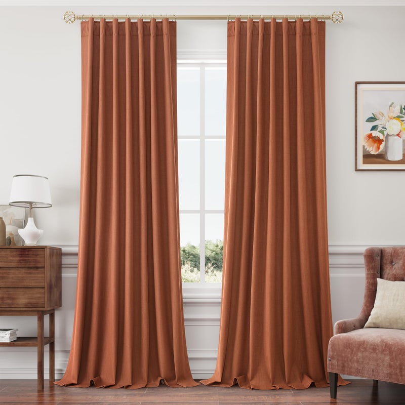 Joywell Linen 100% Blackout Curtains 120 Inch Length Long Back Tab Hook Belt Thermal Insulated Pinch Pleated Drapes for Bedroom with Hooks High Ceiling Length 10 Feet(2 Panels 52 x 120 Terracotta) - Image 1
