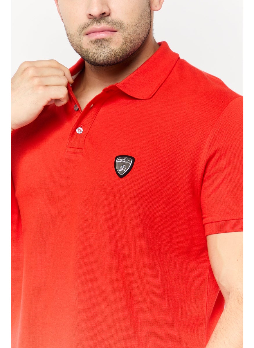 LAMBORGHINI Men Regular Fit Brand Logo Short Sleeve Polo Shirts, Red  - Image 2