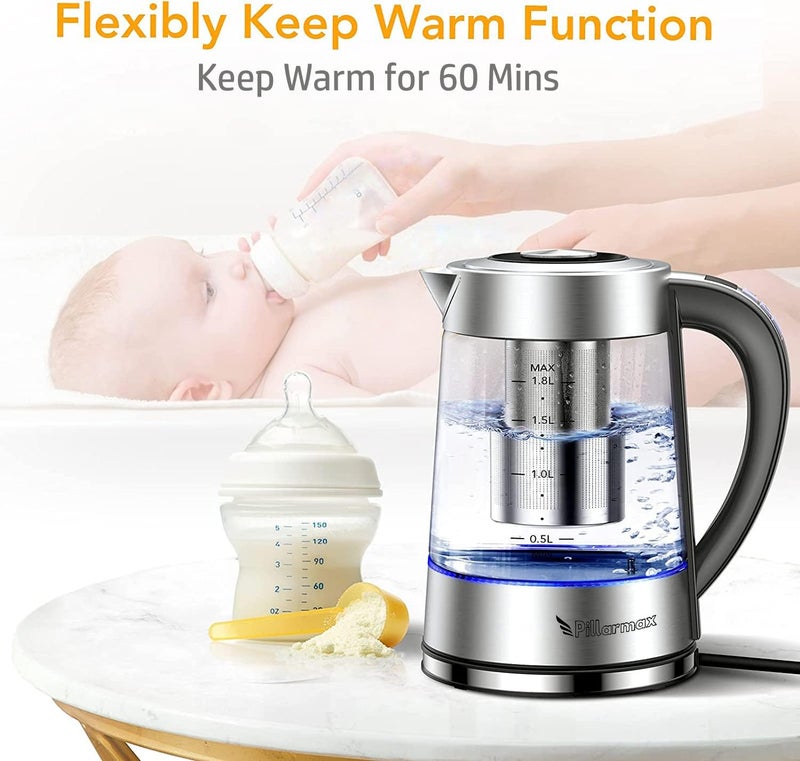 Pillarmax Electric Glass Kettle Temperature Controls with Removable Infuser 1.7 Liters 2200 W. Tea Maker Brewing Programs. Stainless Steel Glass Boiler, BPA-FREE - Image 3