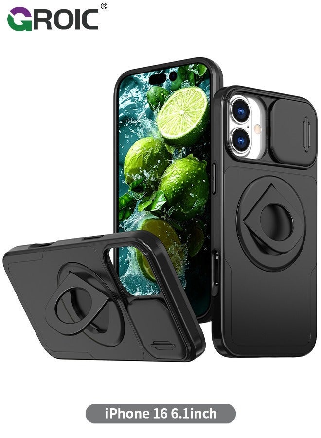 GROIC Black iPhone 16 Case with Slide Camera Cover & Kickstand,Drop Protection, Rugged Hard Back Silicone Edge Wallet Phone  - Image 1