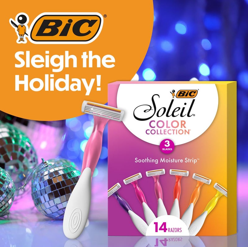 BIC Soleil 3 Colors Women's Disposable with 3 Blade Razors, Aloe Vera and Vitamin E Lubricating Strip for Enhanced Glide, 14-Pack, Stocking Stuffers for Women - Image 2