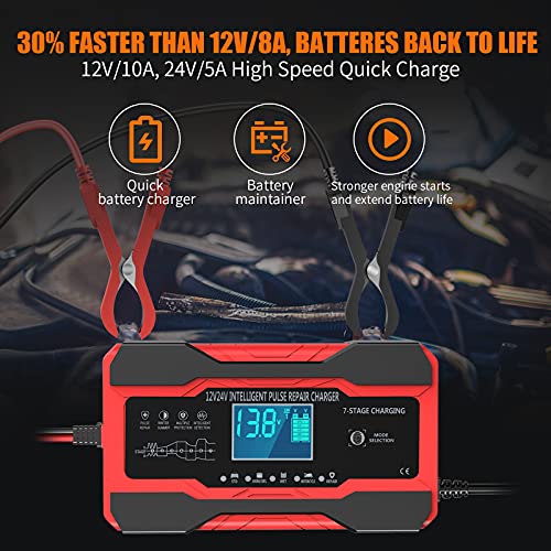 YONHAN Battery Charger 10-Amp 12V and 24V Fully-Automatic Smart Car Battery Charger, Battery Maintainer Trickle Charger, and Battery Desulfator with Temperature Compensation - Image 2