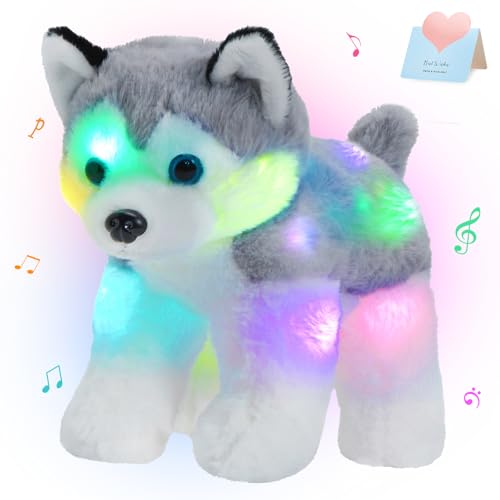 BSTAOFY 12 Musical Light up Husky Puppy Stuffed Animal Realistic LED Singing Dog Soft Plush Toy with Night Lights Glow in The Dark Birthday Valentines Christmas for Toddler Kids - Image 1