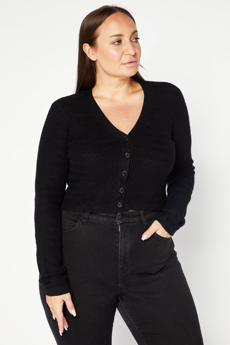 NA-KD Women V-Neck Textured Crop  Cardigan, Black - Image 1
