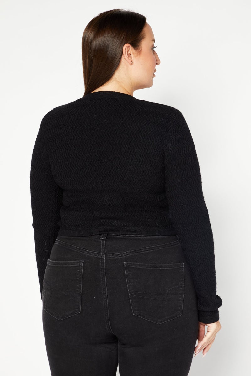 NA-KD Women V-Neck Textured Crop  Cardigan, Black - Image 3