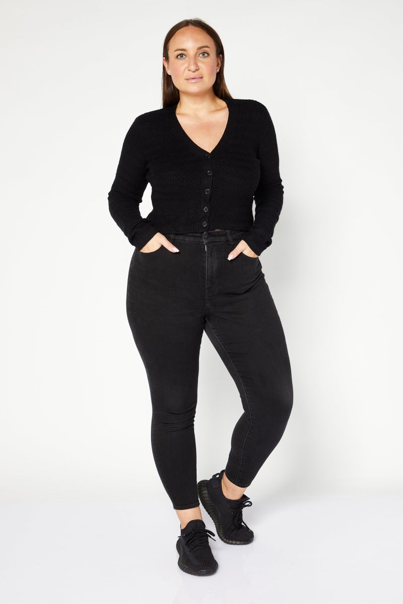 NA-KD Women V-Neck Textured Crop  Cardigan, Black - Image 4