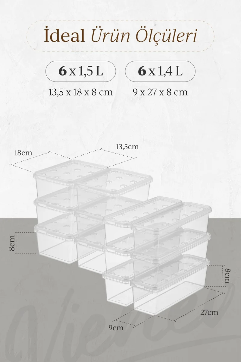 Vienev 12LI 6x(1.5-1.4 Lt) Block Refrigerator and Deep Freezer Leakproof Storage Container Transparent