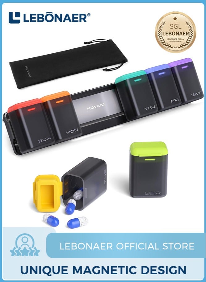 لبونير منظم أقراص مغناطيسي أسبوعي، علبة أقراص قابلة للإزالة 7 أيام مرة واحدة في اليوم، علبة أقراص كبيرة للسفر، موزع أدوية أسبوعي لمرة واحدة يومياً، حامل حاوية أدوية لفيتامينات المكملات الغذائية - Image 1