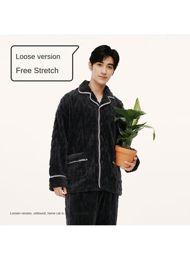 HLA Jacquard Coral Fleece】 Turn-down Collar Pajamas For Men, Plush Autumn/winter Thick Long Sleeve And Pants Men's Homewear Set - Image 4