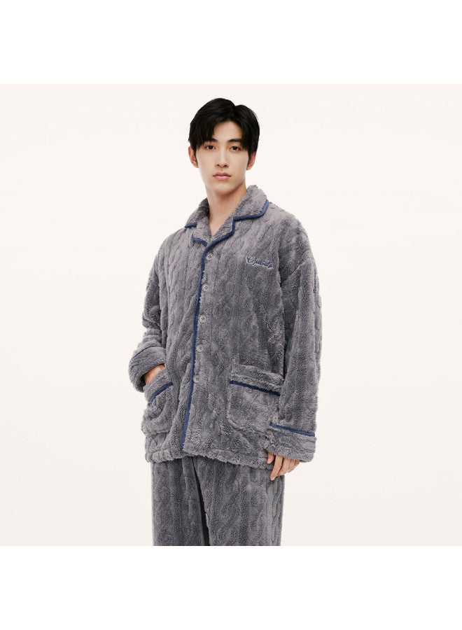HLA Jacquard Coral Fleece】 Turn-down Collar Pajamas For Men, Plush Autumn/winter Thick Long Sleeve And Pants Men's Homewear Set - Image 2