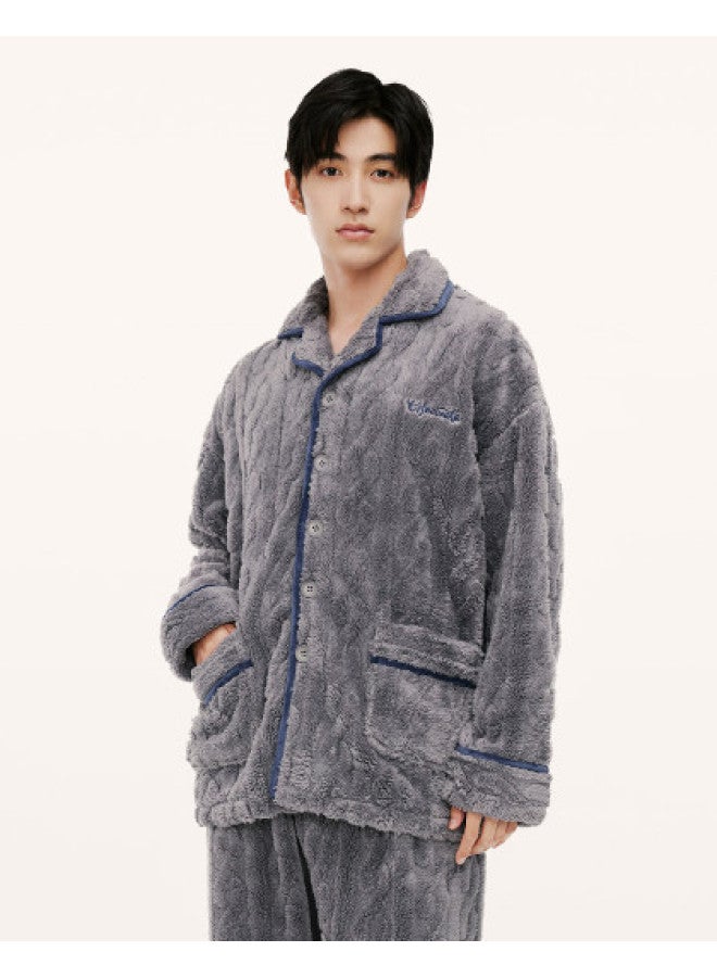 HLA Jacquard Coral Fleece】 Turn-down Collar Pajamas For Men, Plush Autumn/winter Thick Long Sleeve And Pants Men's Homewear Set - Image 1