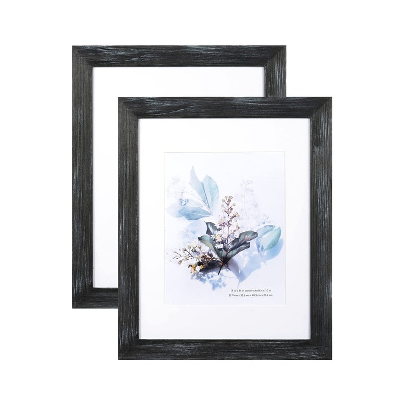 KAIWIN 100 Solid Wood Black 11x14 Picture Frame 2 Pack Display Picture 8x10 with Mat HD Glass Inside Rustic Wooden Photo Frames for Wall Mounting