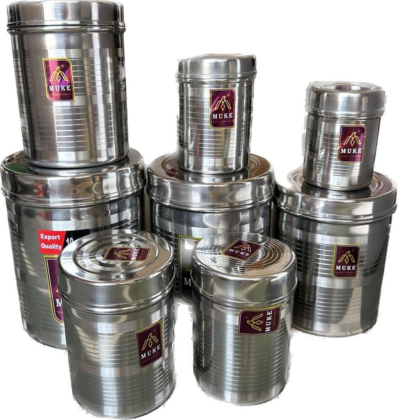 MUKE Stainless Steel dibba Jars for Modern kitchen storage food grade Container dibba set 350ml to 25kg Pack of 8 tea coffee suger container - Image 1