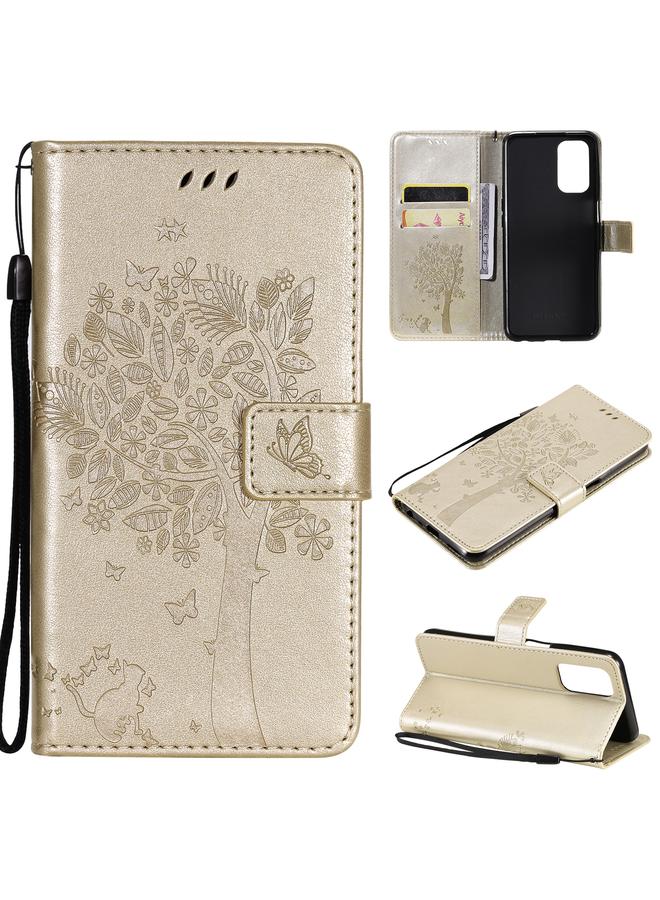 اس-توب جراب لهاتف OPPO A93 5G / A74 5G، جراب من جلد البولي يوريثان بطباعة مضغوطة بنمط شجرة وقط، مع حامل وفتحات للبطاقات ومحفظة وحبل تعليق - Image 1