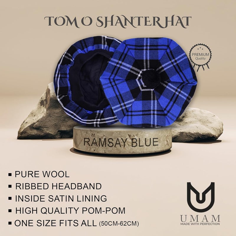 UMAM Store Scottish Traditional Tam o' Shatner Acrylic Wool Tammy Hat Flat Bonnet Kilt Many Tartans - Image 2