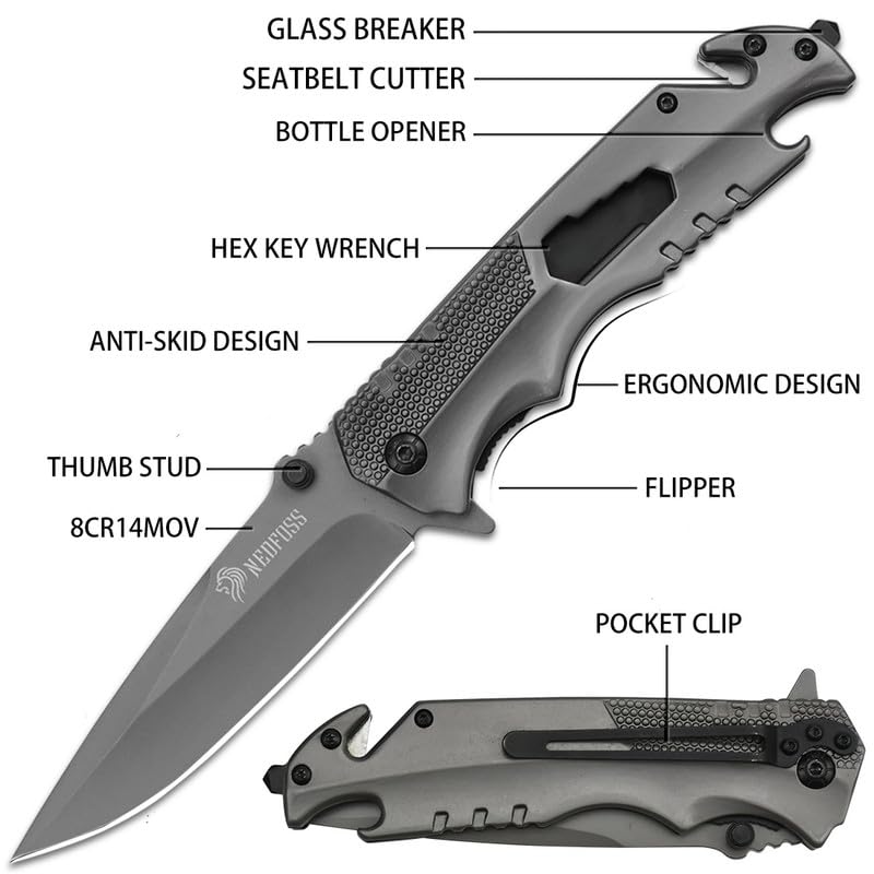 NedFoss FA48 Pocket Knife for Men with Bottle Opener, Glass Breaker, Seatbelt Cutter and Wrench, 5-in-1 Multitool Folding/Survival Knife for Emergency Rescue Situations, Home Improvements - Image 3