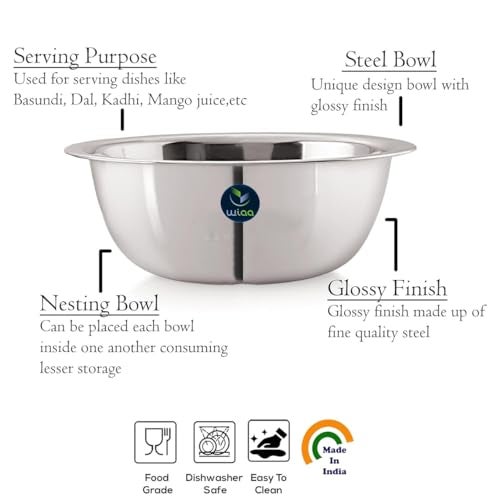 WIAA Stainless Steel Mixing Bowl 1400ml | Food-Grade Steel | Lightweight Round Base Bowl | Stackable, Wide Rim, Multipurpose Kitchen Use (Pack of 2) - Image 5