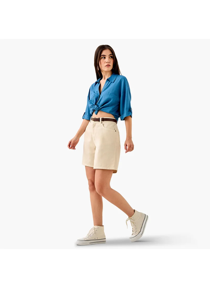 لي كوبر Lee Cooper Denim High Rise Shorts with Belt and Pockets