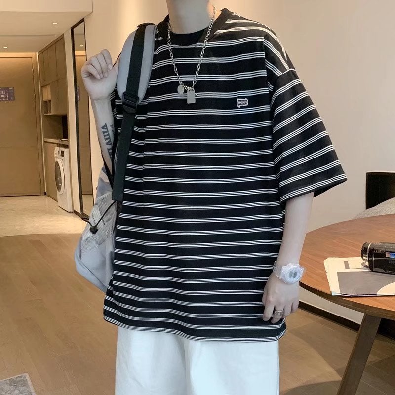 Japanese Style Simple Striped Short-Sleeved T-Shirt Men'S Summer Thin Couple Half-Sleeved Street Hip-Hop Casual T-Shirt Trendy Brand Tee - Image 5