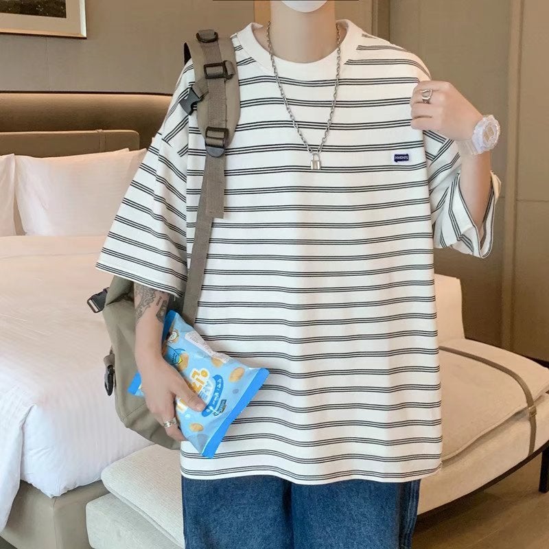 Japanese Style Simple Striped Short-Sleeved T-Shirt Men'S Summer Thin Couple Half-Sleeved Street Hip-Hop Casual T-Shirt Trendy Brand Tee - Image 1