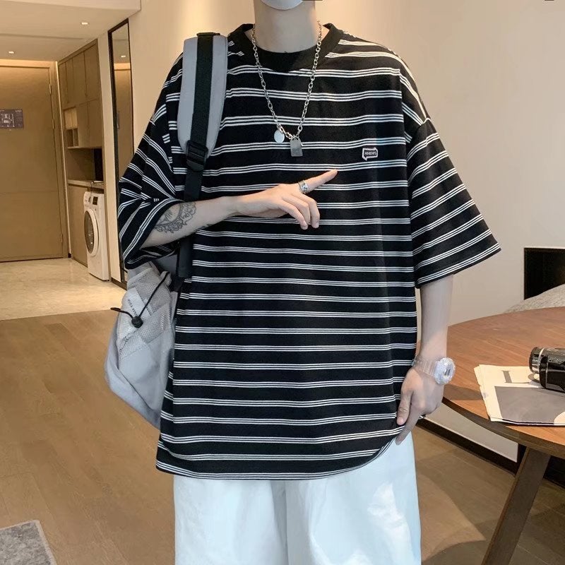 Japanese Style Simple Striped Short-Sleeved T-Shirt Men'S Summer Thin Couple Half-Sleeved Street Hip-Hop Casual T-Shirt Trendy Brand Tee - Image 3