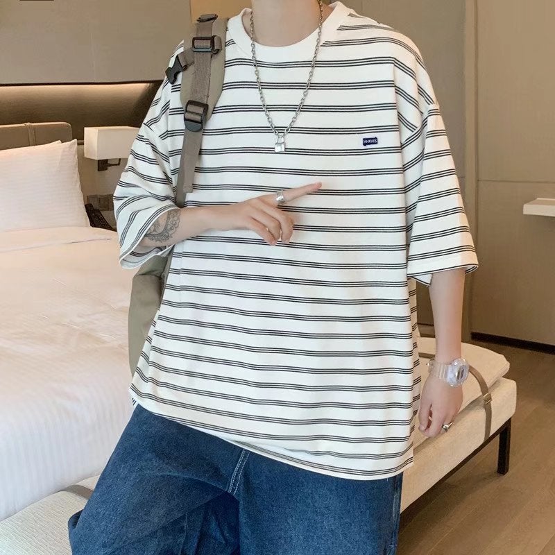 Japanese Style Simple Striped Short-Sleeved T-Shirt Men'S Summer Thin Couple Half-Sleeved Street Hip-Hop Casual T-Shirt Trendy Brand Tee - Image 4