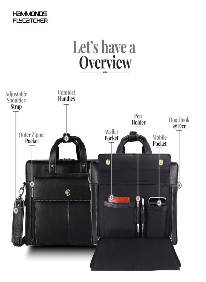 HAMMONDS FLYCATCHER Genuine Leather Office Bag for Men, 15.6" Professional Leather Laptop Bag for Men for Office, Travel, Daily Use, Adjustable Strap & Multi Compartments, 1 Year Warranty - Onyx Black - Image 3
