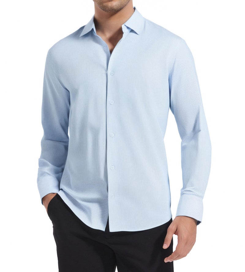Alex Vando Mens Stripe Dress Shirt Fast-Drying Easy Care Long Sleeve Regular Fit Button Down Shirts,Blue Stripe,L - Image 2