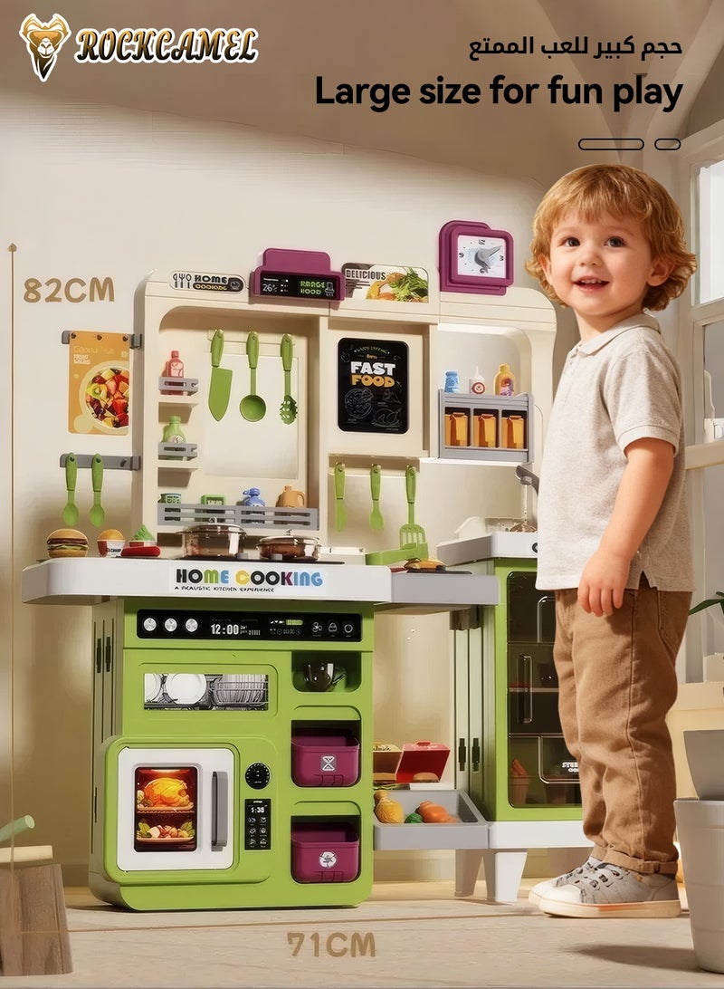 ROCKCAMEL Kids Kitchen Toys Play Set, 75 Pcs Accessories with Realistic Spray, Running Water & Sound Effects, Kitchen Color Changing Play Food Accessories, Educational Gift for Girls & Boys Age 3+, 82CM Height, Green - Image 2