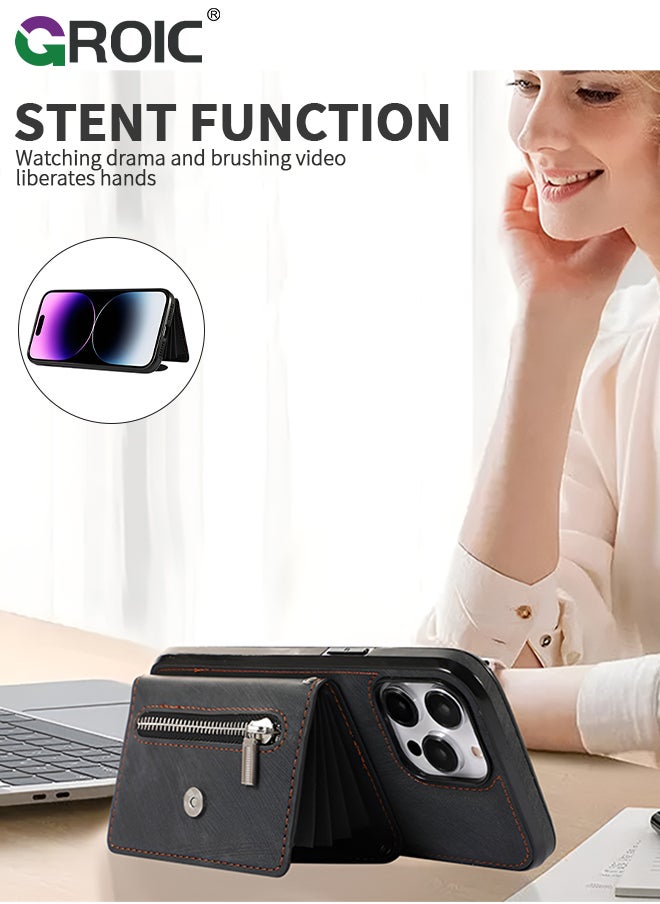 iPhone 15 Pro Max Wallet Case for Women, Support Wireless Charging with RFID Blocking Card Holder, PU Leather Zipper Wallet Detachable Shockproof Magnetic Phone Case with Wrist Strap