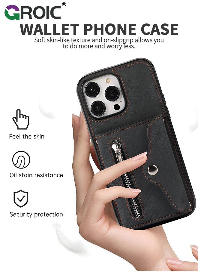 iPhone 15 Pro Max Wallet Case for Women, Support Wireless Charging with RFID Blocking Card Holder, PU Leather Zipper Wallet Detachable Shockproof Magnetic Phone Case with Wrist Strap